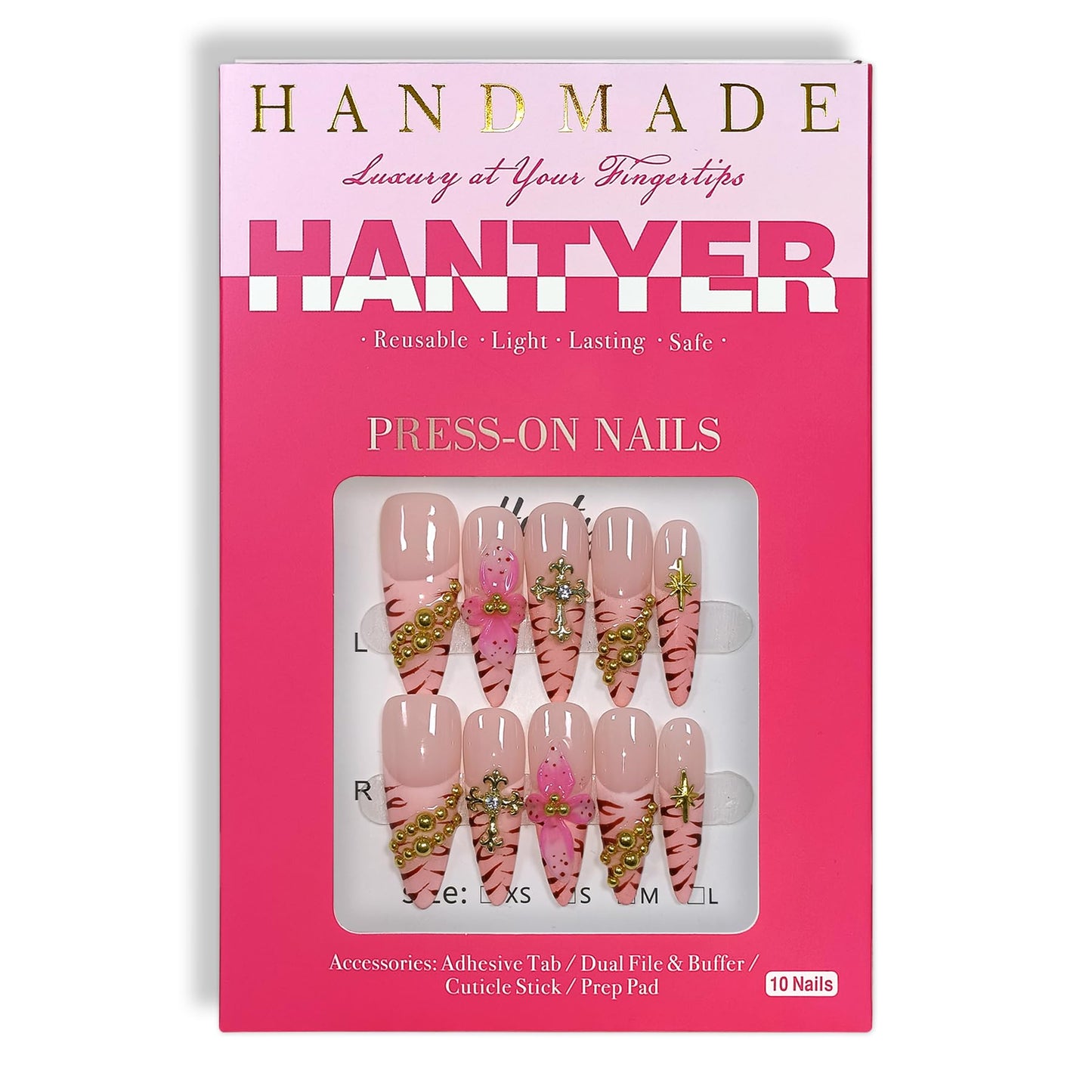 Hantyer Pink Leopard French Tip Press on Nails with 3D Floral Carving & Cross Gold Beads, Long Stiletto Glossy Y2K Fake Nails, Reusable Edgy False Nails for Women Festival Concert Party (Size XS) ﻿