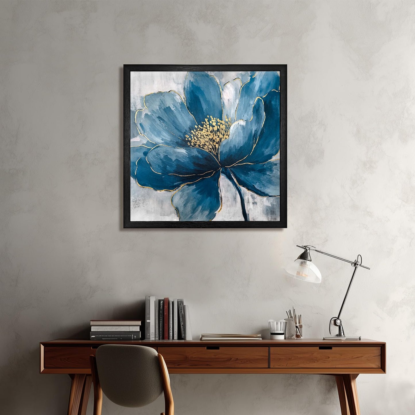 llribbons Framed Flower Wall Art Hand Painted Elegant Blue Peony Floral Canvas Pictures Indigo Gold Painting 3D Textured Prints Artwork for Living Room Bedroom Bathroom Office Home Decor 20" x 20"