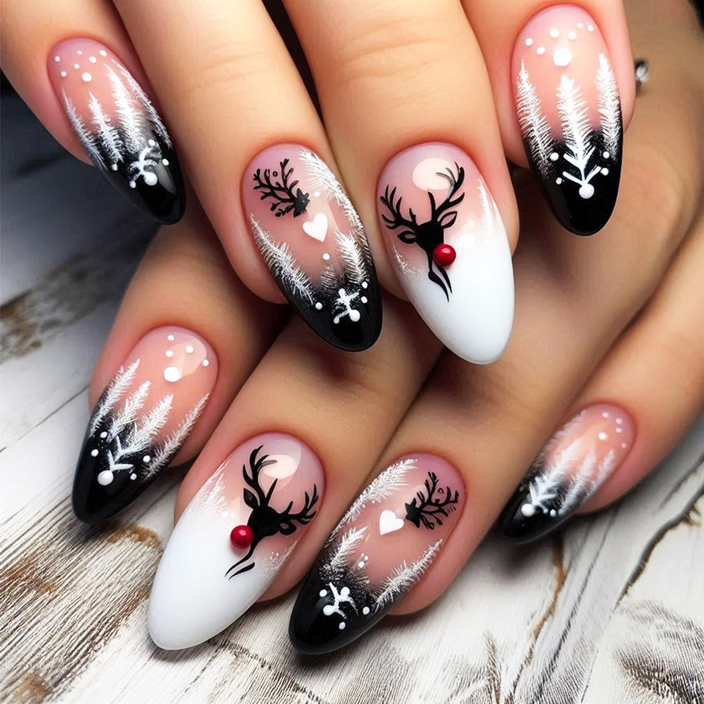 Christmas Press on Nails Cute Reindeer Medium Almond False Nails Xmas Tree Stick on Fingernails Glossy Black French Tips Acrylic Fake Nail 24Pcs Snow Gel Glue on Nail for Women Xmas Gift