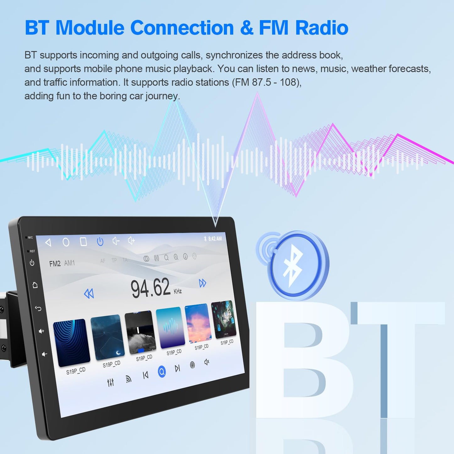 10.1" Rotatable Touch Screen Car Stereo Single Din - Android 13, Wireless CarPlay/Android Auto, 4-Core CPU, 2GB+32GB, GPS Navigation, Hi-Fi Sound, Bluetooth 4.2, AHD Backup Camera (Vertical Fit)