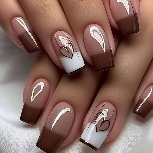 Valentines Press on Nails Medium Square French Tip Fake Nails Translucent Love Design Artificial Acrylic Full Cover Glossy Heart Stick on Nail Artificial Fingernails for Women Festival Manicure 24Pcs