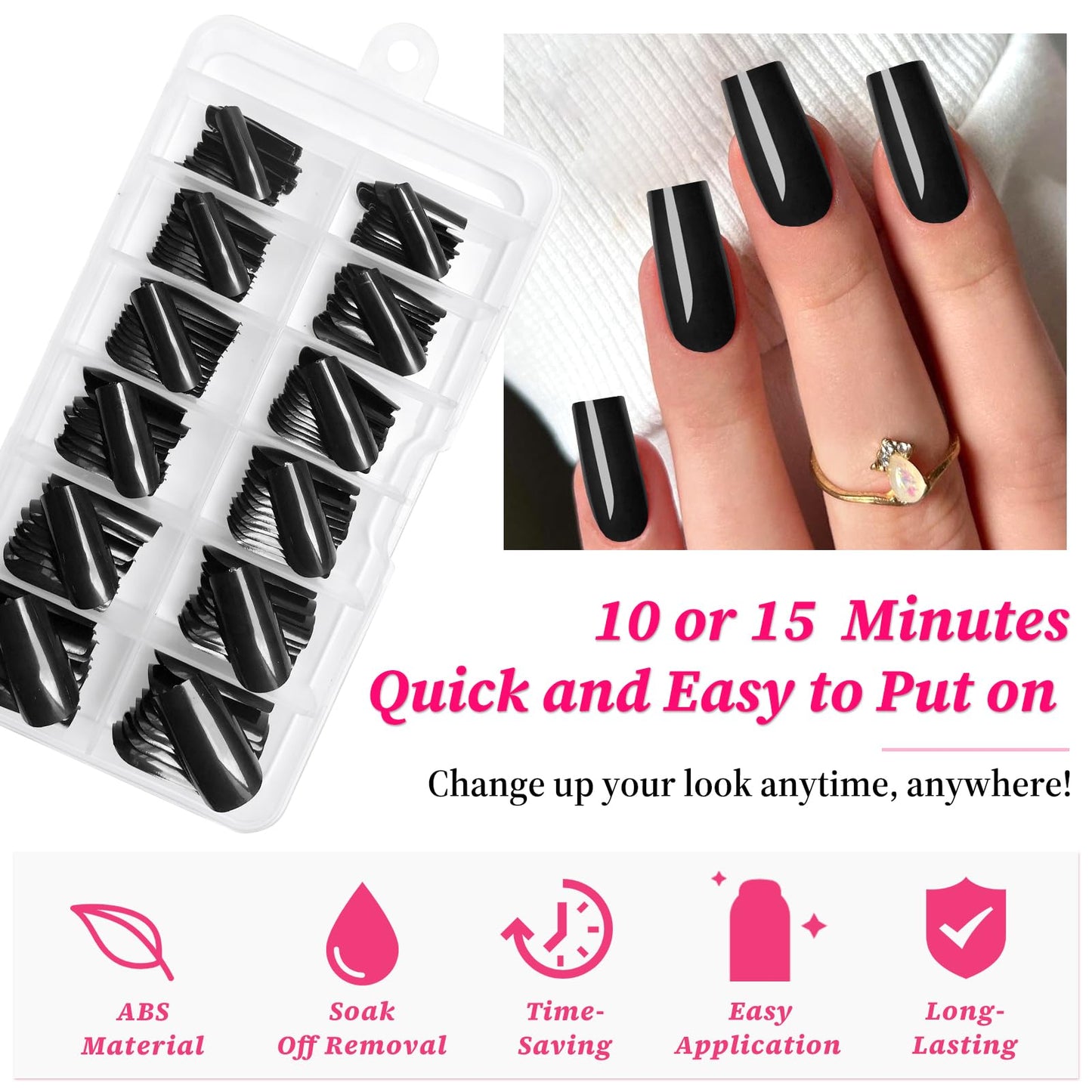 Lifextol Square Glossy Fake Nail 120pc Full Cover Acrylic Long Ballerina press on Nails art Square False Nail for Beginner Women and Girls Manicure(Black)