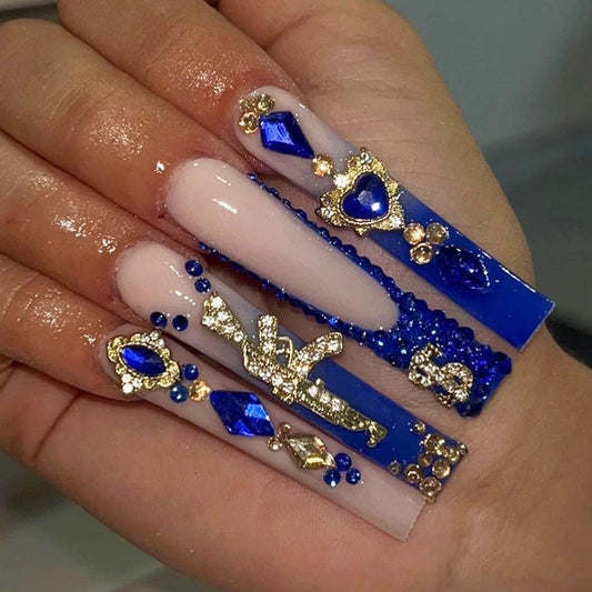 MISUD Press on Nails - Long Square Glue on Nails with Royal Blue, Acrylic Y2K Gun Rhinestone Design 24 pcs