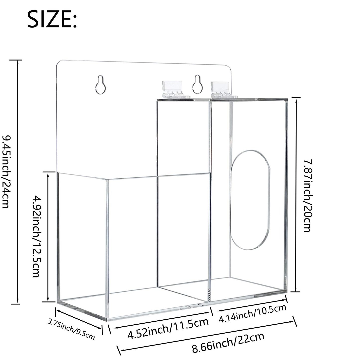 Aphbrada Acrylic Mask Dispenser & Hand Sanitizer Holder Stand Wall Mount or Countertop, Hygiene Station with 2 Compartment Clear Box Dispenser Holder for Face Masks, Gloves, Hairnets, Spray Bottle