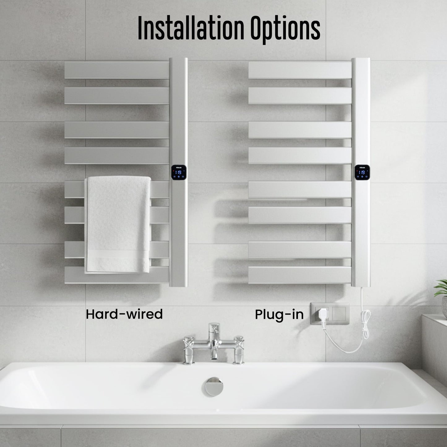 HSTRUKT Towel Warmer, Heated Towel Rack with Built-in Timer and Temperature Control,Hard-Wired(Right-Wiring)/Plug-in Wall-Mounted Towel Rail, Aluminum, 18.8" W X 34.64" H, Silver