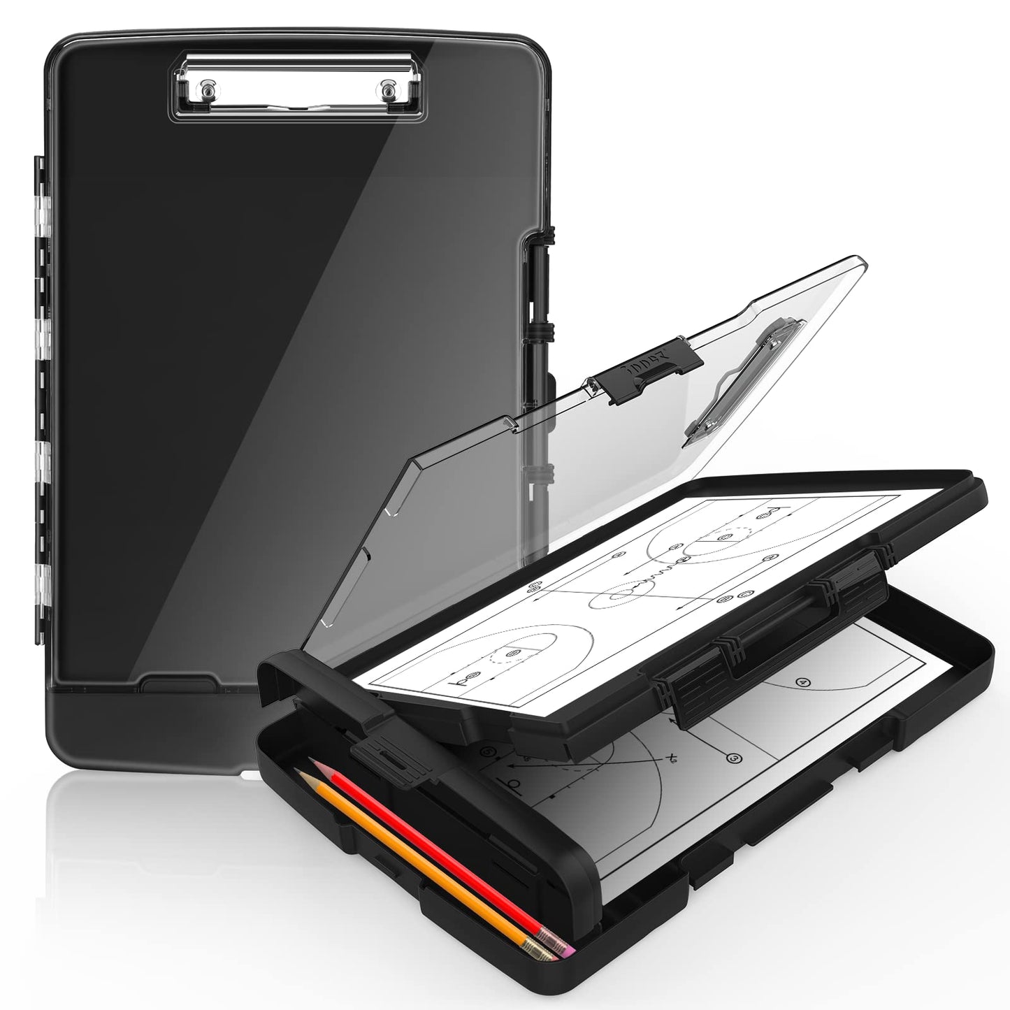Sooez Original Clipboard with Storage & Pen Holder, Heavy Duty Clip Boards 8.5x11 with Dual Storage, Clearview Dry Erase Coach Clipboard with Real Hinge, High Capacity, School & Office Supplies