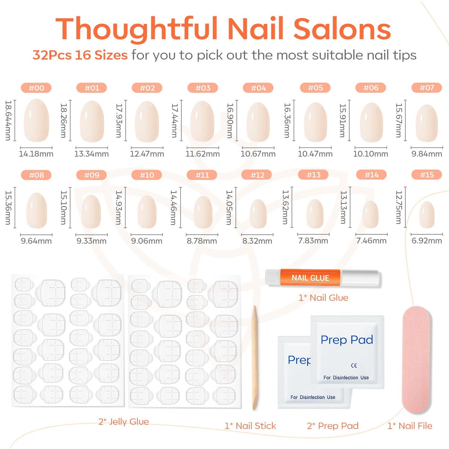 Modelones Press on Nails Oval, Milky White Short Fake Nails, Valentines Reusable Nail Kit with Nail Glue Adhesive Tabs Mini Nail File, Nails Press Ons 32Pcs 16 Sizes, Women Girl Gift
