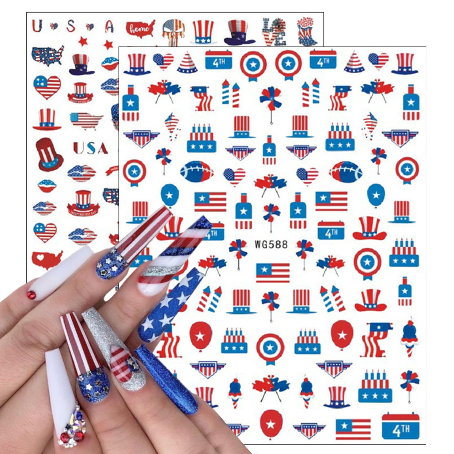8Sheets 4th of July Nail Art Stickers American Independence Day Nail Design Decals，3D Self-Adhesive Nail Decals Balloon Heart Designs American Flag Nail Decorations for Women Girls Manicure Stickers