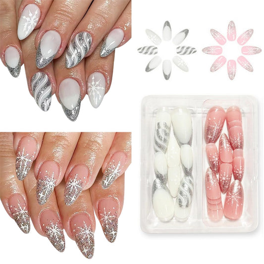 Christmas Press on Nails Kit 48 Pcs Medium Almond Ombre Fake Nails 2 Style French Tip False Nails with Snowflake Glitter Designs Elegant Glossy Glue on Nail Winter Acrylic Nails for Women Girls