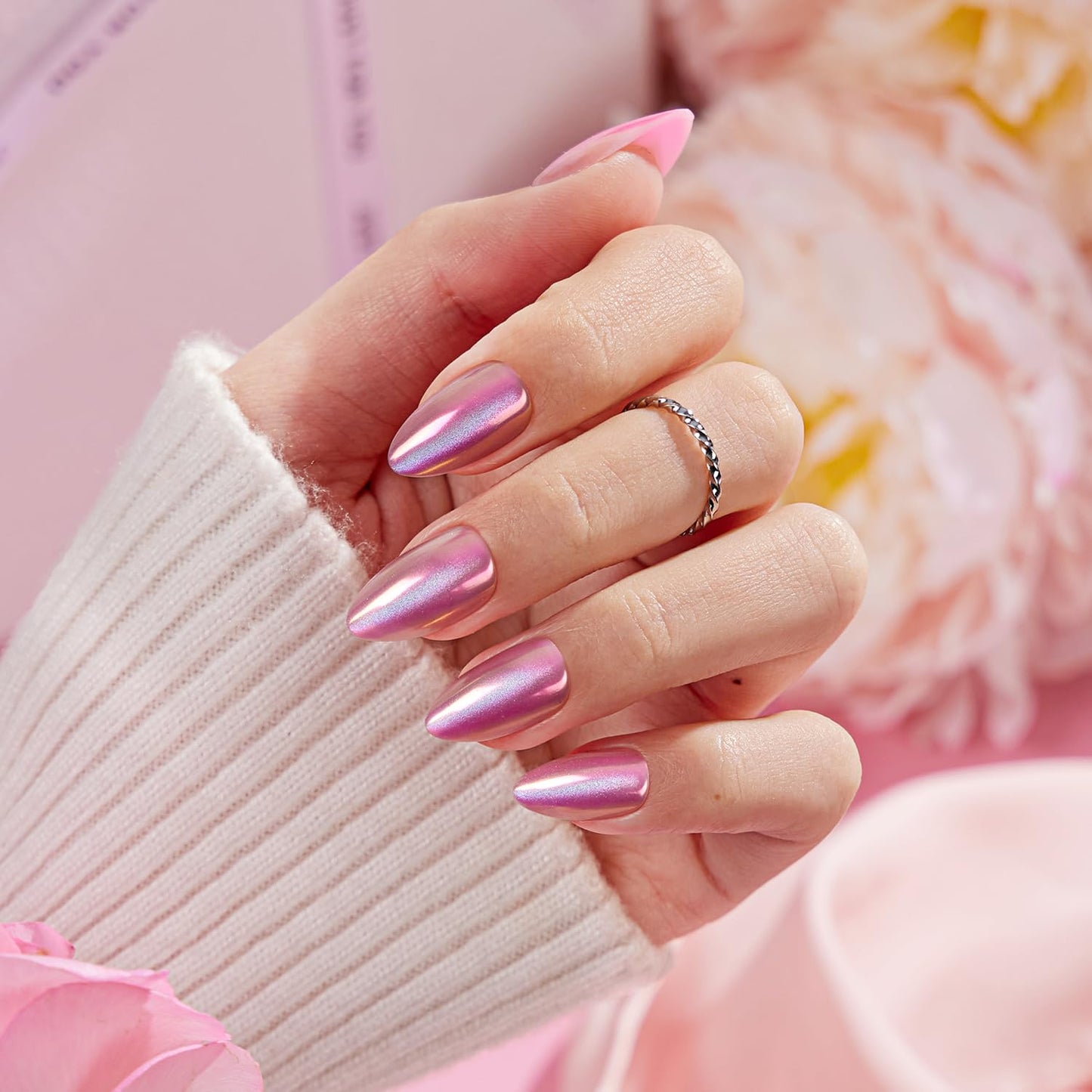 VSALON Press on Nails Short Almond - Pink Cat Eye Chrome Fake Nails Kit for Women, Spring Reusable Aurora Effect Opaque Holographic Summer Glue on Nails - 32 PCS Stick On Nails in 16 Sizes
