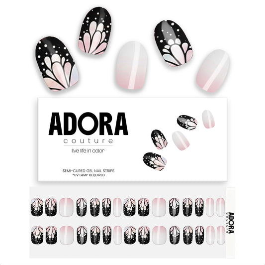 Adora Couture Semi Cured Gel Nail Strips with 30 Pieces - UV Gel Stickers, Manicure Kit, Easy Application Wraps Includes Prep Pads, Nail File, Wooden Stick - UV Light Required (Night Moth)
