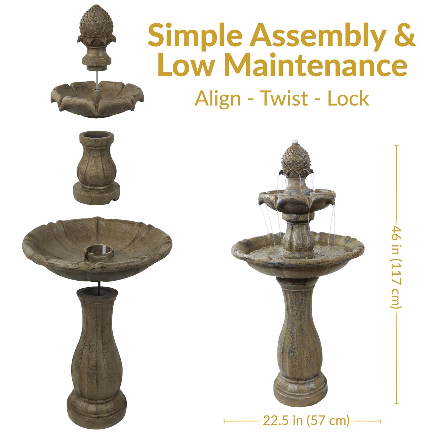 Sunnydaze Pineapple 46-Inch 2-Tier Outdoor Solar Fountain - Decorative Water Fountain with Pump for Garden, Patio, Yard or Balcony - Earth Finish