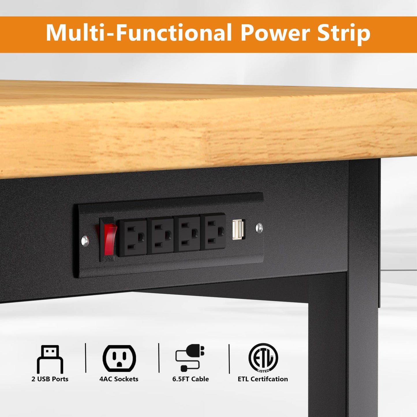 Pelnuies 60" Heavy-Duty Solid Wood Work Bench with Drawers, Adjustable Height Workbench with Wheels, 2000 LBS Capacity Work Table with Power Outlets for Garage, Workshop(60" X 24")