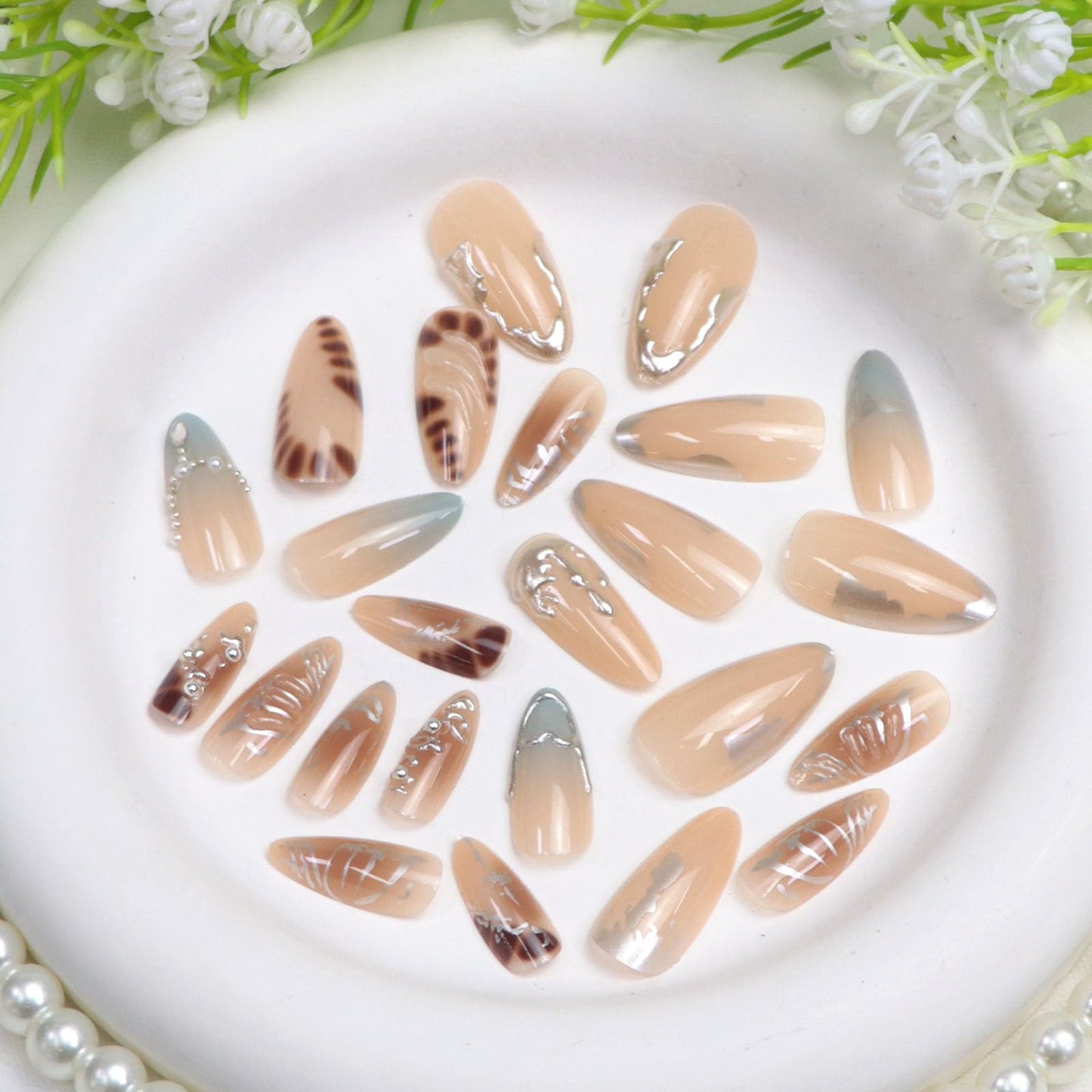 Almond Press on Nails Medium Fake Nails with 3D Water Ripples Butterflies Pearls Rhinestones Hearts Ombre Designs Glossy Glue on Nails Press ons Nude Full Cover Stick on Nails for Women 24Pcs