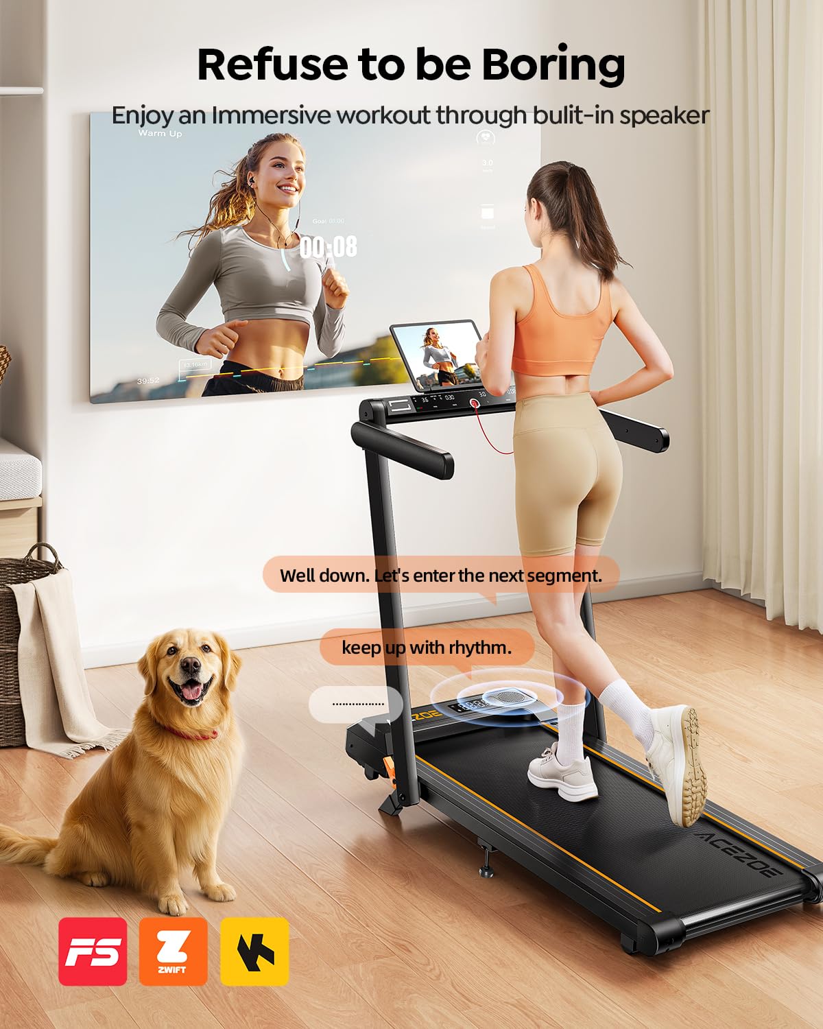 Acezoe Foldable Treadmill with 10% Incline, 2.5HP Walking Pad with Handle Bar, 300 lb Capacity Treadmills, Under Desk Treadmill with App & Bluetooth Speaker, 0.6-10MPH, LED, P10Pro Black Orange