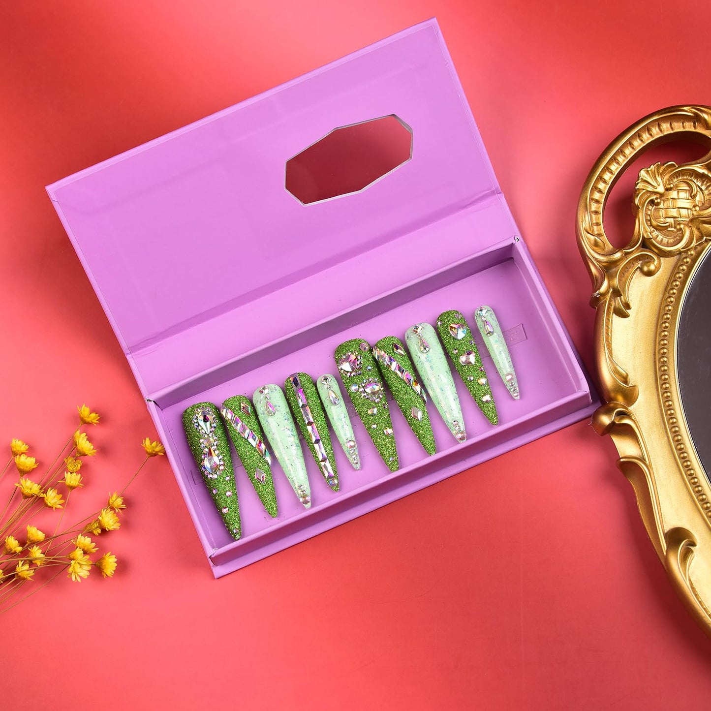 Tmani 10pc/set Extra Long Handmade Press On Nail Hot Girl's Long Ballet Nails Pointed Nail Full of Diamond Glitter Decoration Fake Nails Suitable For Girls Festival Parties and Birthday Gift（206,S)