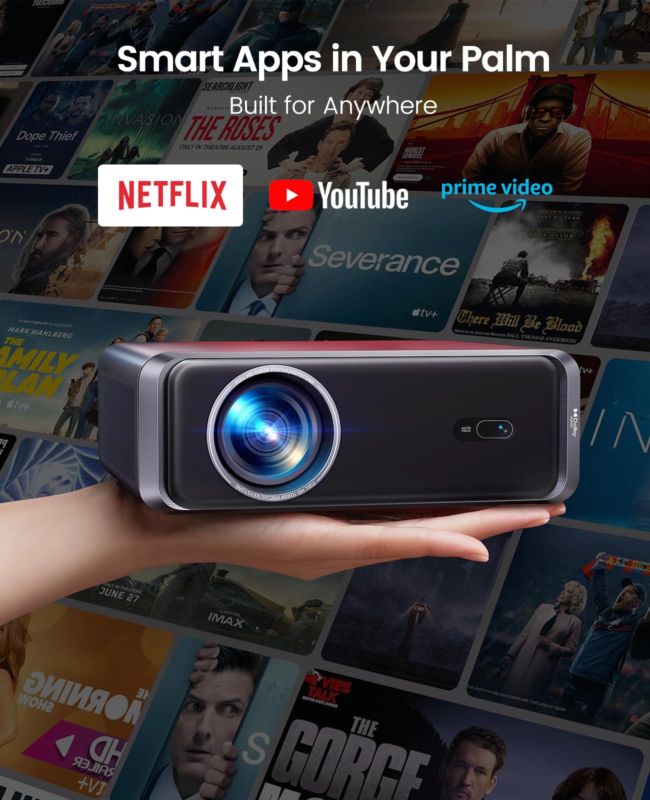 [Built-in Official App/4K Support/Compact]Smart-Projector with WiFi6 and Bluetooth, Outdoor Movie Projector & DoIby , Compatible with YouTube/PrimeVideo, AI Auto Focus, Portable Home Proyector