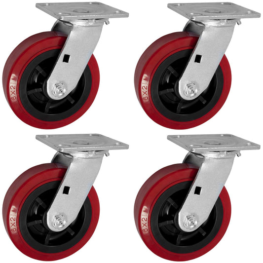IconCasterWheels 6 inch PRO-TECH Polyurethane Non-Marking Heavy Duty Swivel Caster Wheels Set of 4-4 Swivel, 4" x 4.5" Top Plate, Industrial Plate Casters, 3600 LBS Load Capacity Per Set, Red