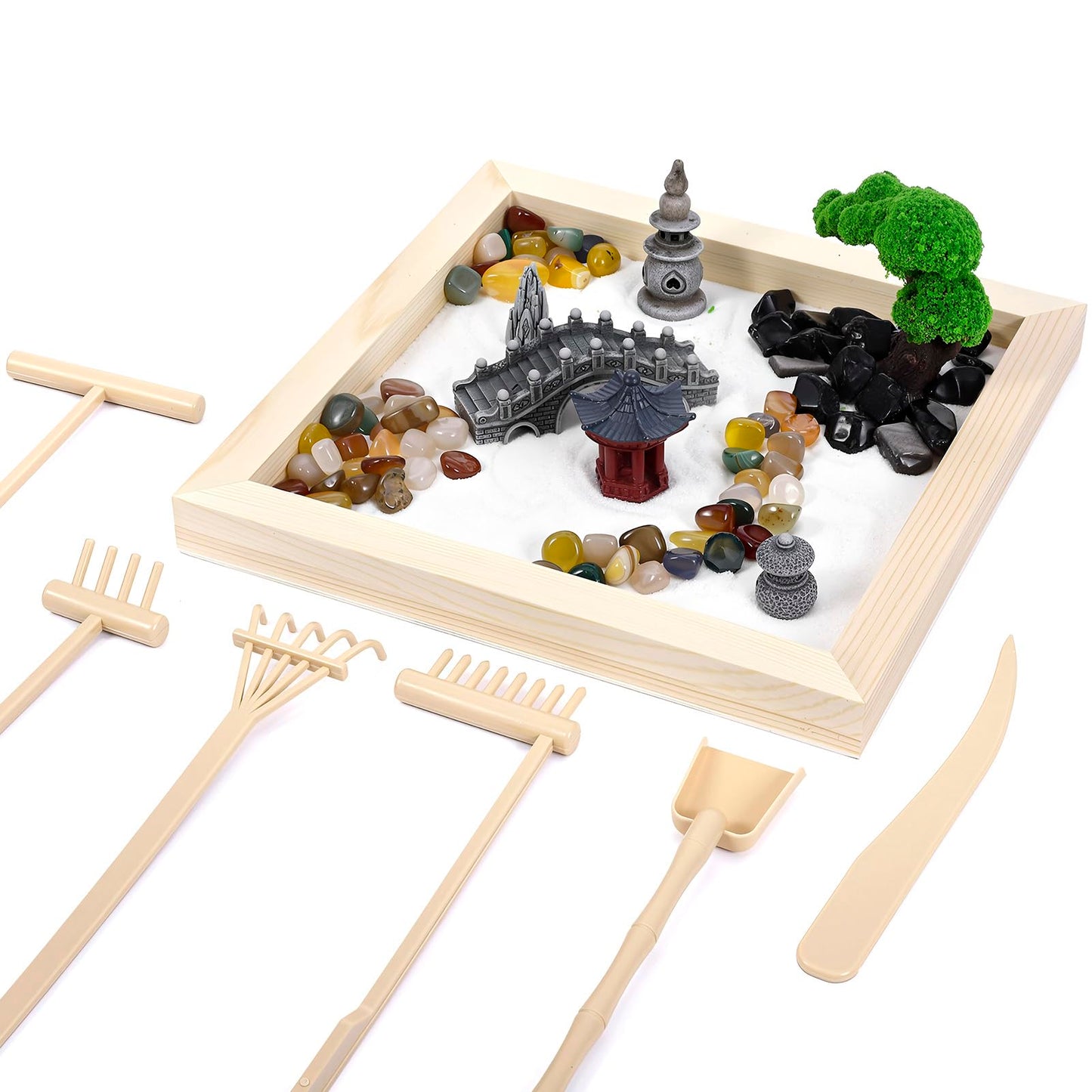 Angirlish 25PCS Zen Garden Kit for Desk Decor, 7.87" Sand Zen Garden Gifts Mini Sandbox Set Included Wooden Tray Rake Tools and Accessories, Sand Tray Therapy for Meditation Room Office Home(Park