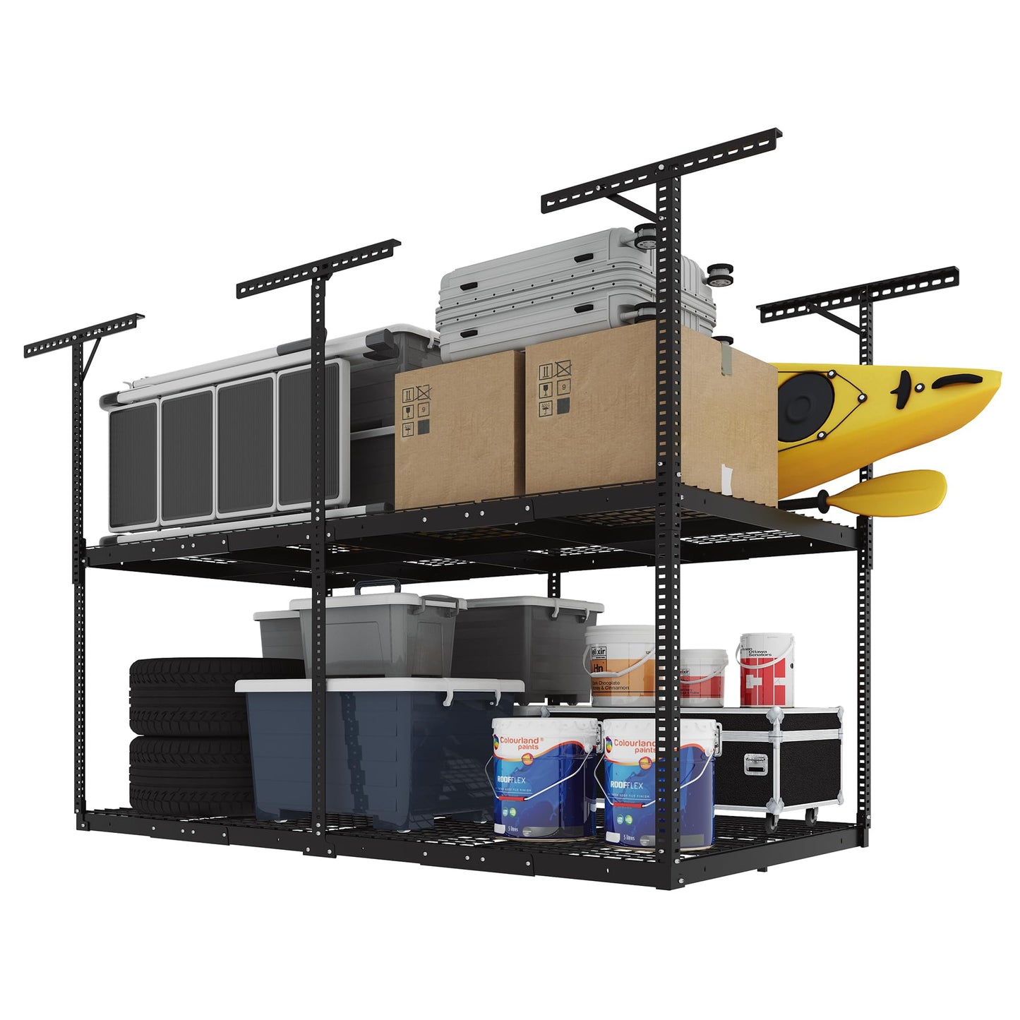 FLEXIMOUNTS 4x8 2-Tier Overhead Garage Storage Rack – Adjustable Heavy Duty Metal Garage Ceiling Storage Racks, 1000 lbs Capacity – Garages Organization System for 9–15 ft Tall Garages, Black