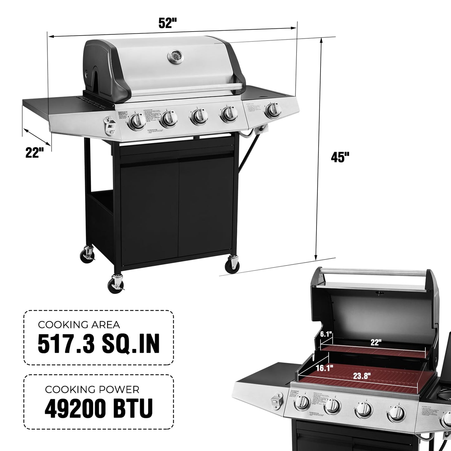 Lyromix 4 Burners Gas Grill with Side Burner, Propane Grill with Wheels and Storage, Outdoor Gas BBQ with Oil Tray and Thermometer for Patio and Party, 49200 BTU