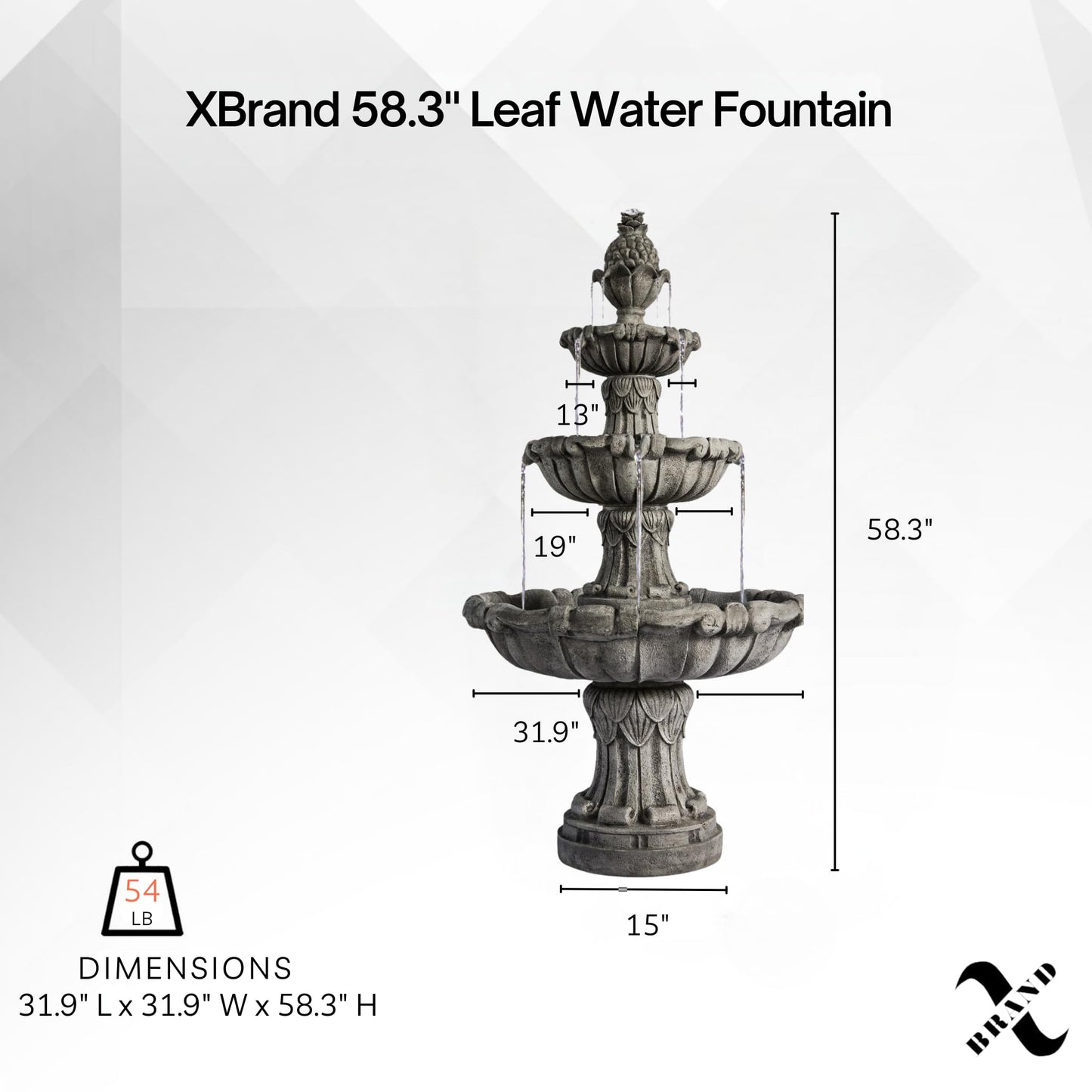 XBrand 58.3" 3-Tier Outdoor Water Fountain – Dark Gray Freestanding Classic Leaf Design with Bird Bath, Pump & Large Water Capacity – Garden, Yard, Lawn, or Patio Décor
