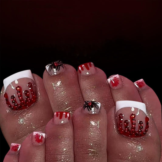 24Pcs Halloween French Press on Toenails Short Square Fake Toe Nails Spider Web Blood Drop with Red Diamond Glossy Horror Spider Acrylic Stick on Toenails for Women Girls Decoration