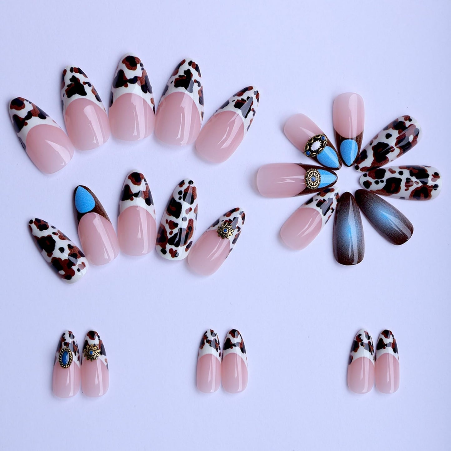 octoswave Press on Nails Long Almond, 24 Pcs Western Cowboy Brown Cow Print and Turquoise Design Fake Nails with Jelly Glue, Glossy French Nail Art for Daily Wear and Vacation, Reusable