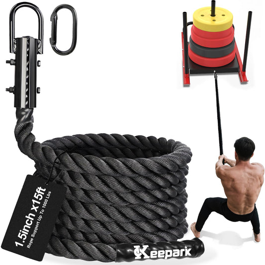 Keepark Weight Workout Sled Pulling Rope - Heavy Duty Workout Rope for Weight Sled, Tire Drag, Football Training - Fitness Resistance Exercise Equipment for Men & Women - 1.5 Inch x 15FT