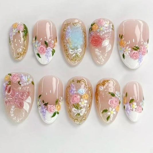 IMRAIN Press on Nails - Pearl & Flower | Short Oval Fake Nails | Full Cover Glossy French Tips Glue on Nails 24Pcs