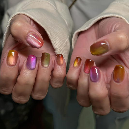Cat Eye Press on Nails Short Square Fake Nails Rainbow Candy Acrylic Nails Cute Pink Gradient False Nails Press ons Glossy Shiny Glue on Nail for Women Girls Manicure Deco