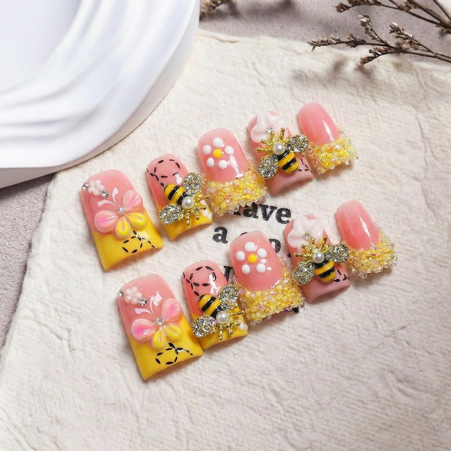 10 Pcs Duck Press on Nails Duck Handmade Acrylic Nail 3D Luxury Handmade Butterfly Bee Designs Rhinestone French Tip Fake Nails Flower Acrylic Stick on Nails Full Cover Thick False Nail for Women（M）