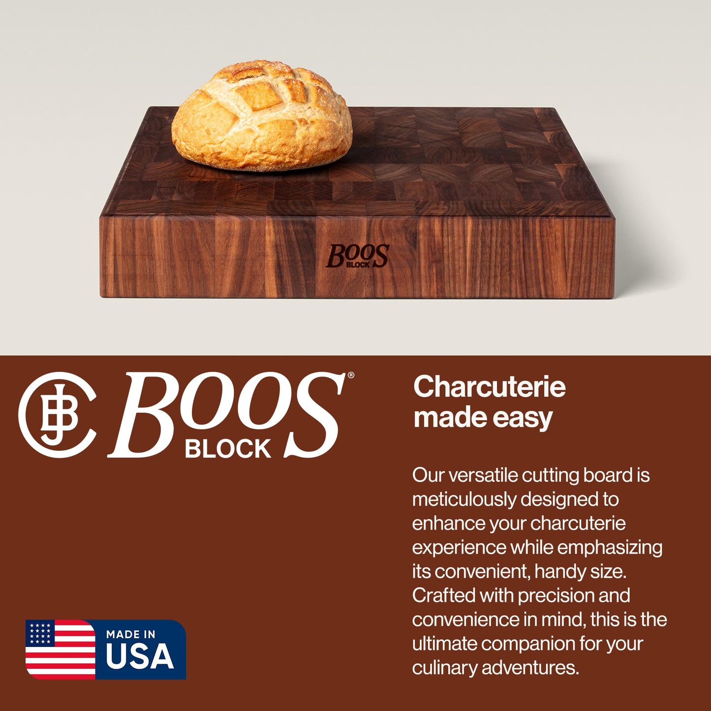 John Boos CCB Series Square Wooden Walnut Cutting Board 18”x18” – 3” Thick, 24-lb Reversible Butcher Block with End-Grain & Finger Grips – Made in the USA