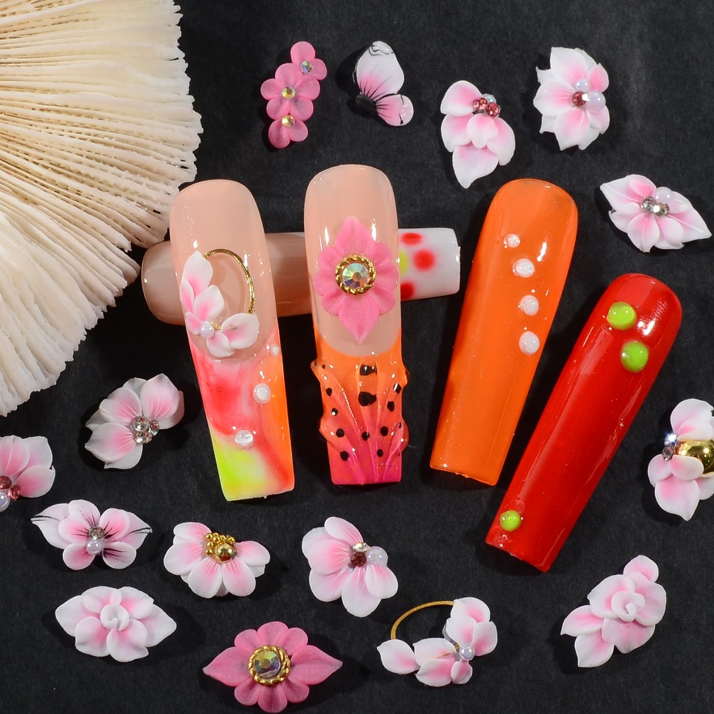 30PCS 3D Handmade Flower Nail Art Charms Advanced Handcrafted Cherry Blossom Flower Colorful Sculpted Floral Nails with Rhinestone Caviar Beads Design for Women Profession Nail Art Craft Jewelry