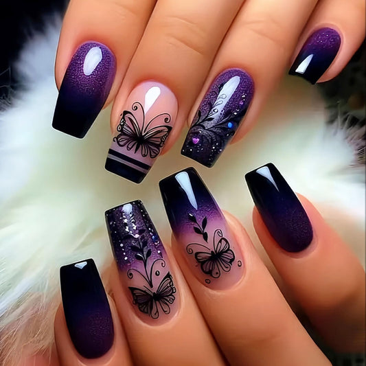 Burgundy Press on Nails Medium Coffin Fake Nails with Black Butterfly Designs Glossy Nails Press ons Pink Gradient Glue on Nails Acrylic Nails Artificial Stick on Nails for Women 24Pcs