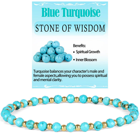 QOGIR Blue Turquoise - Stone of Wisdom - 14K Gold Plated Beads Natural Gemstone Stretch Elastic Dainty Healing Beaded Bracelets Gifts 4mm