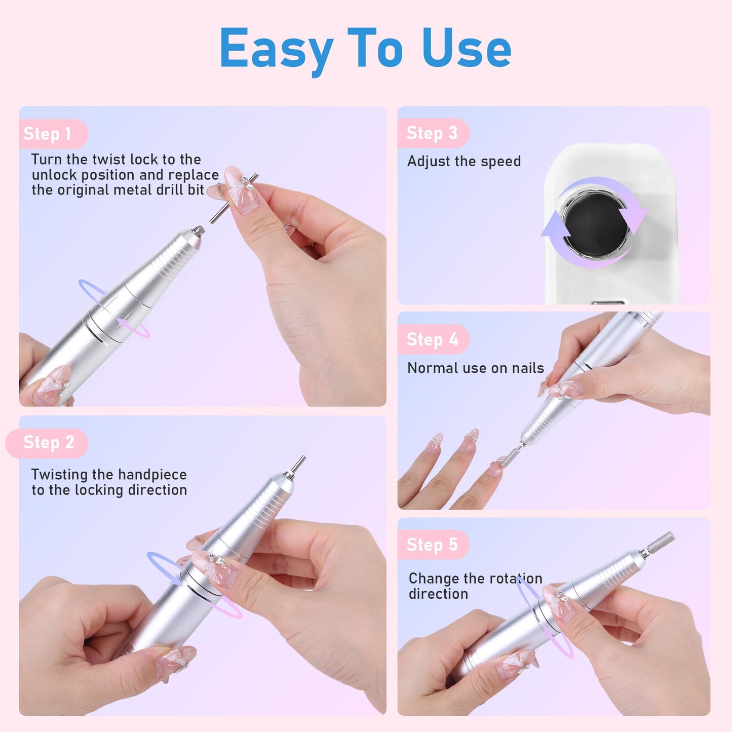 Rvggher Portable Electric Nail Drill Professional 45000 RPM, Rechargeable Electric Nail File Machine Kit for Acrylic Gel Nails Polishing Removing, Quiet E-File with Bits for Manicure Salon Home
