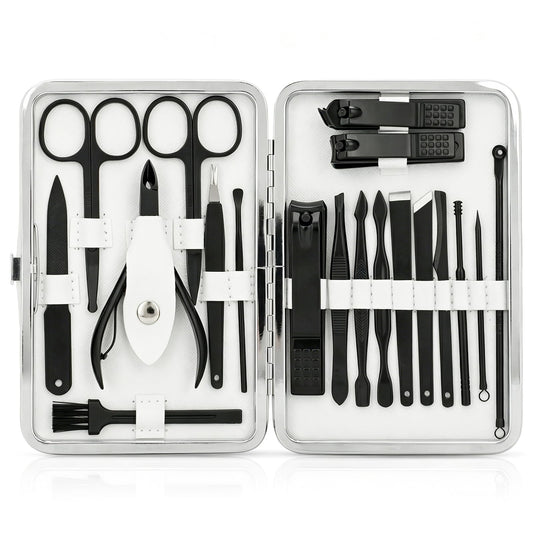 Manicure Set, Jubolion 19pcs Stainless Steel Professional Nail Clippers Pedicure Set with Black Leather Storage Case, Portable Grooming Kit for Travel or Home, Perfect Gifts Women and Men (Black)