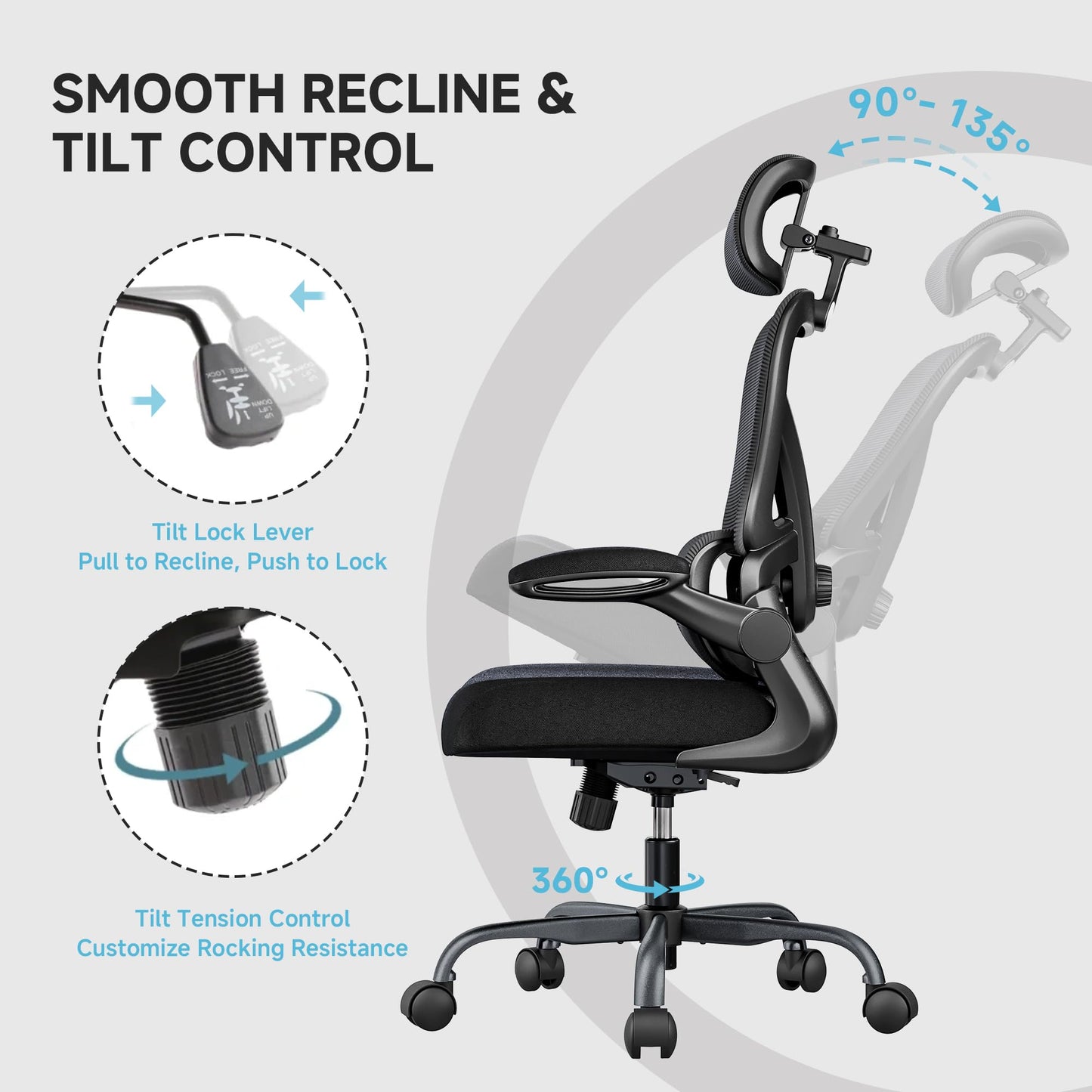 PKPT Ergonomic Office Chair, 330LBS Desk Chair with 3-Level Lumbar Support & Headrest, Breathable Mesh Backrest, Flip-Up Armrests for Home Office and Gaming, Black