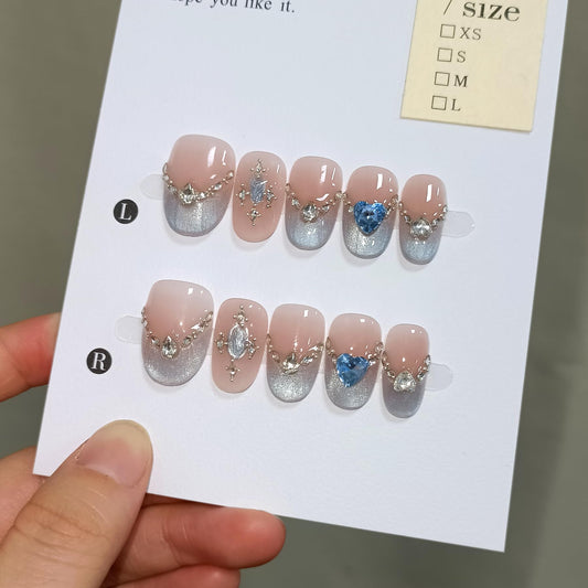 TENPAL Handmade Press on Nails Short Oval- Icy Blue French Tips Fake Nails with Cat Eye Designs, Glitter Glossy False Nails Kits for Women,Cute Sheer Stick on Nails for Daily Wear(M)