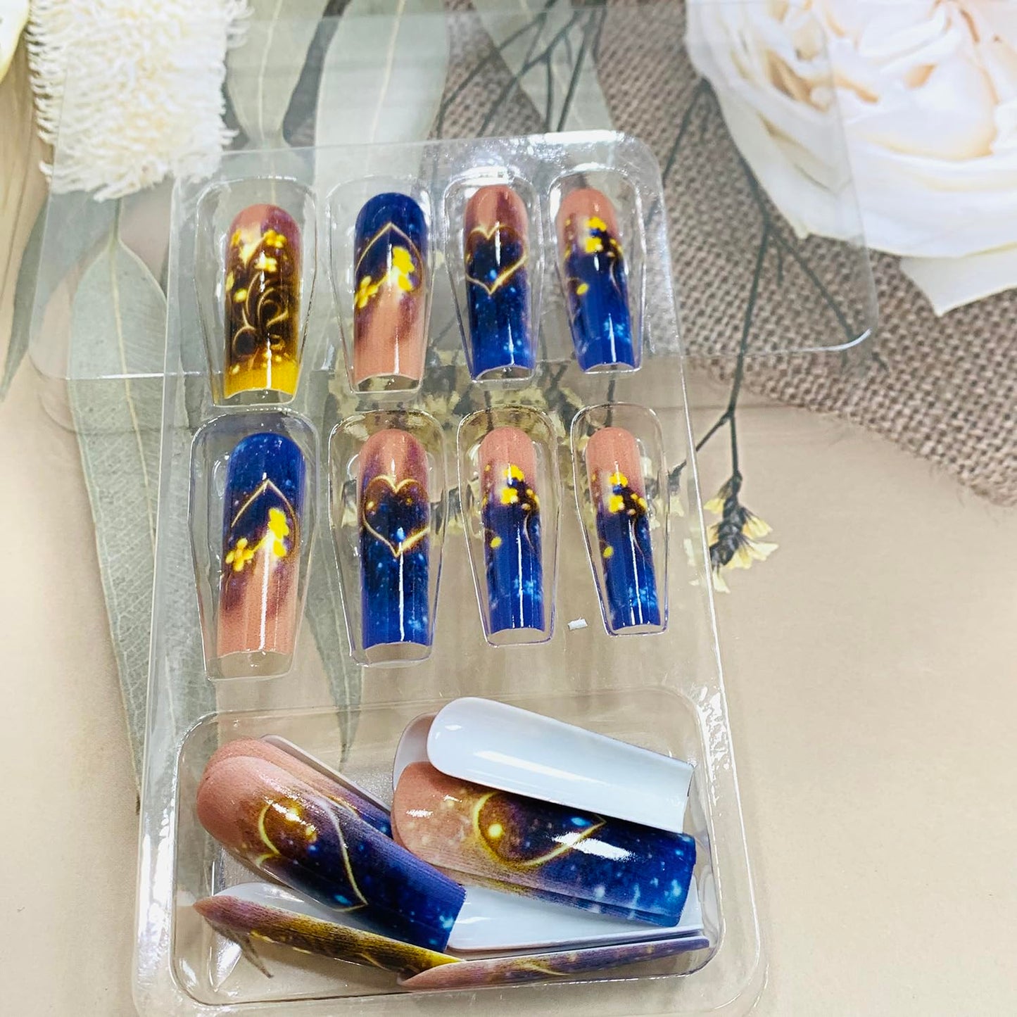 EYZOTSF Press on Nails Long Coffin Shaped Acrylic Square False Nails with Designs Artificial Extra Long Length Coffin Fake Nails with Charms Glue Stick ons Fingernails for Women Girls(Y485)