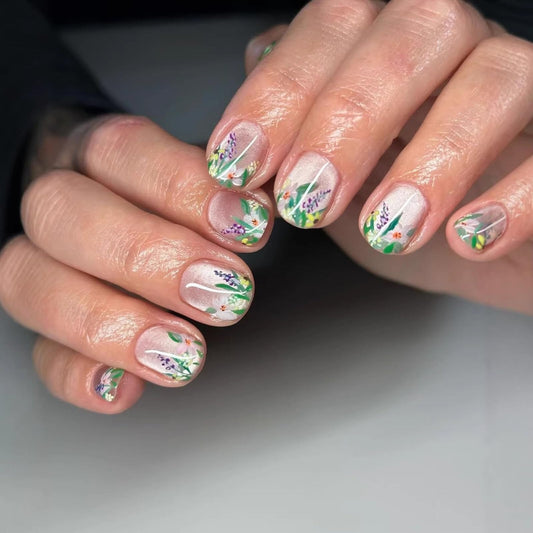 Short Square Press on Nails Nude Pink Base Colorful Wild Floral Leaf Patterns Shiny Gentle Fresh Manicure Stick on Nails Suitable for Unique Gorgeous Stylish Artificial Nails Charming 24 Pcs