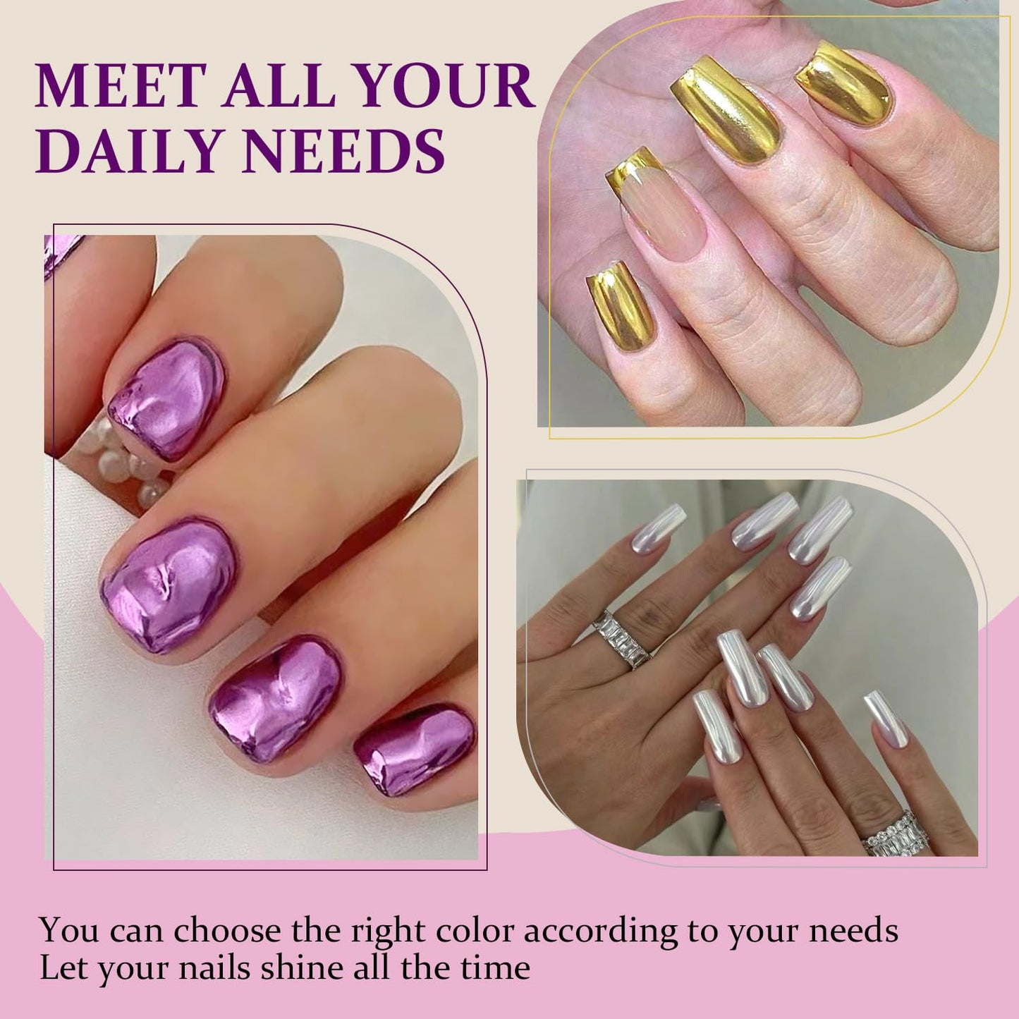DouborQ Metallic Nail Polish Set, 12 Colors Mirror Chrome Glitter Nail Polish 0.35 FL.oz/10ml Holographic Gold Silver Pink Red Purple Manicure