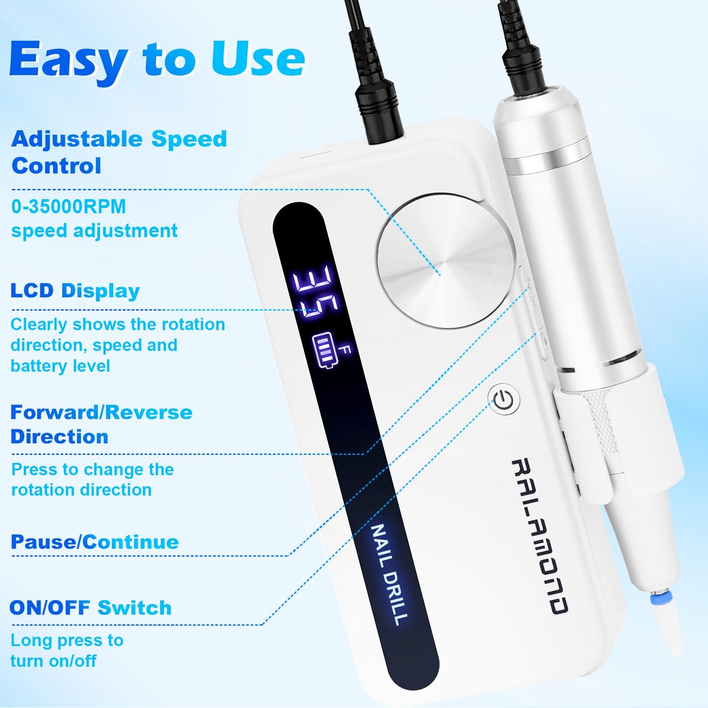 RALAMOND Professional Nail Drill, 35000RPM Electric Nail File, Rechargeable Cordless Machine, Nail Drill Kit with Bits, Portable Electric Nail Filer Manicure Pedicure (White)