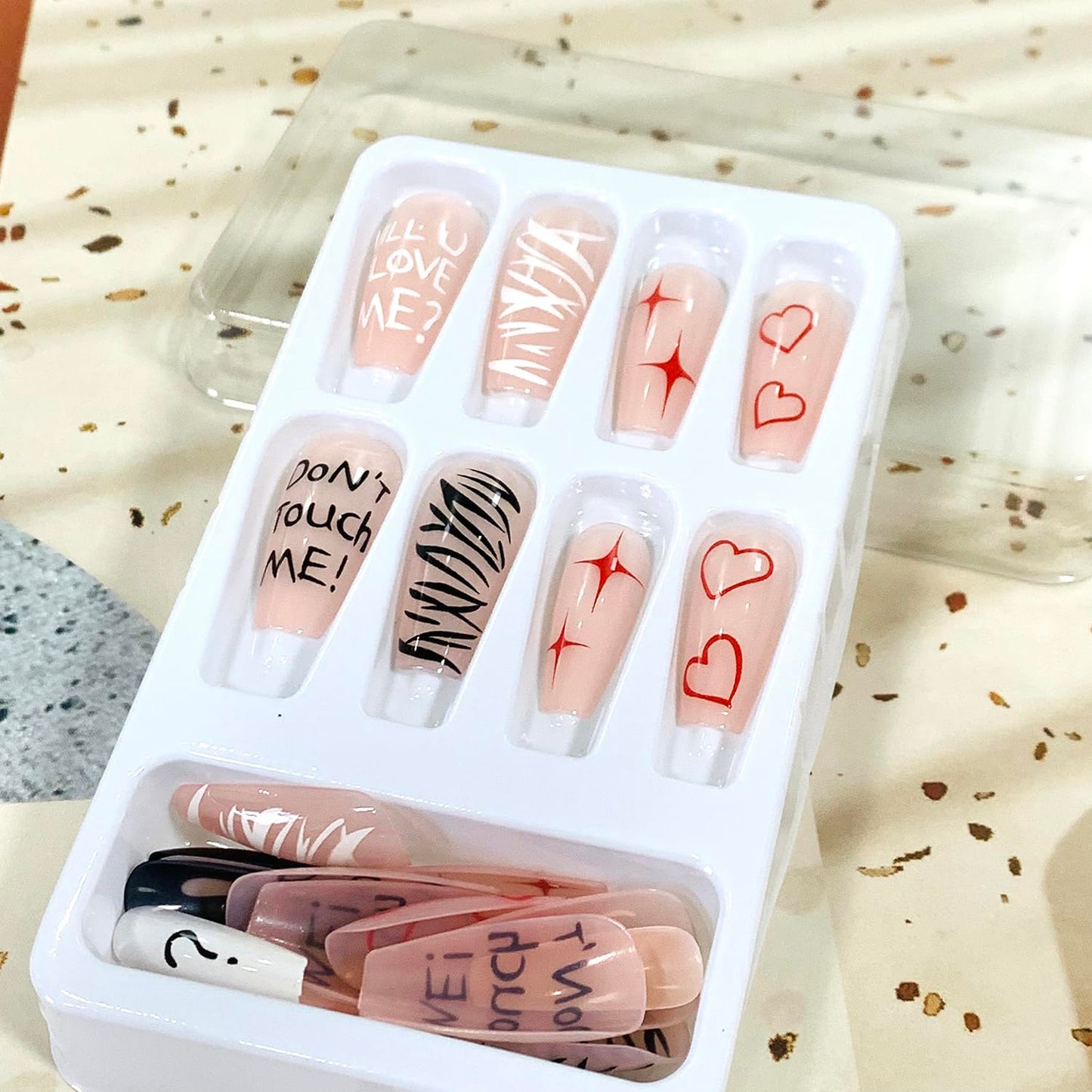 Vezocim Red Heart Press on Nails Medium Coffin Shape 24Pcs Glossy Full Cover Acrylic Square False Nails with Valentine's Day Designs Artificial Fake Nails Glue Stick on Fingernails for Women Girls