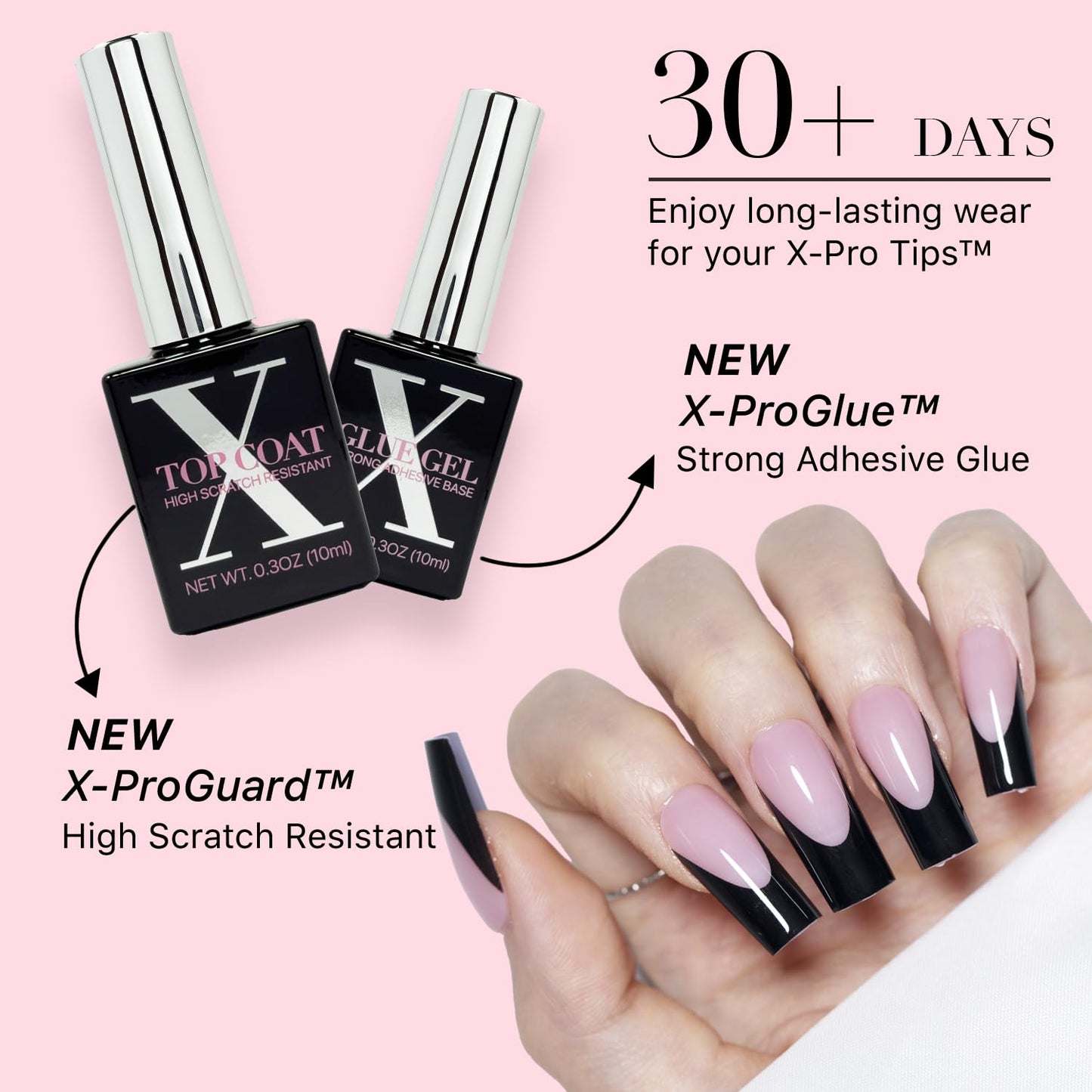 SXC Cosmetics French Tip Press On Nails – Black Series, Medium Square, X-Pro Tips Starter Kit | 150PCS, 15 Sizes, 5 Styles, Beginner-Friendly