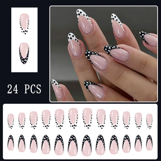 Black White Polka Dot Press on Nails Medium Almond Fake Nails Black White French Tip Design False Nails Nude Full Cover Glossy Acrylic Stick on Nail for Women Girls Manicure Decoration 24Pcs