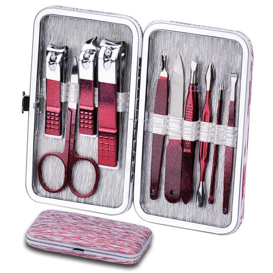 HANTEKAS Manicure Set 10 in 1 Stainless Steel, Nail Clippers Scissors Pedicure Tools Kit - Portable Travel Grooming Kit for Men and Women with Leather Case (Rose Red)