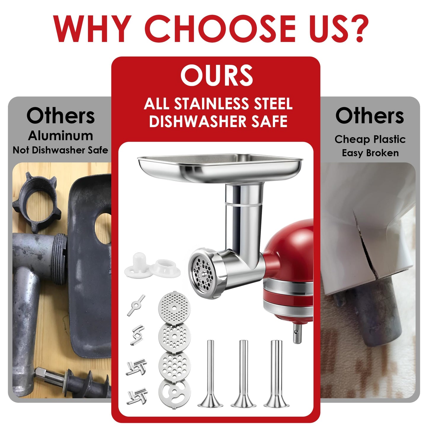 EZATO Stainless Steel Meat Grinder Attachments for KitchenAid, Sausage Stuffer, Compatible with KitchenAid Stand Mixer of All Models, Dishwasher Safe