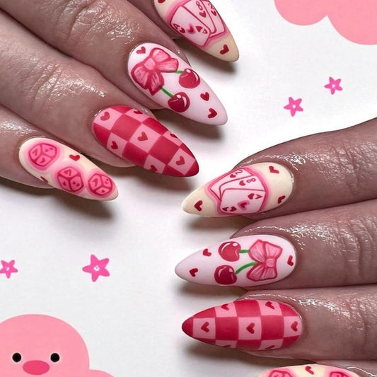 Valentines Press on Nails Medium Length Artificial Acrylic Almond Red Love False Nails Cherry with Poker Design Heart Full Cover Glossy Glue on Nail Artificial Fingernails for Women Festival Manicure